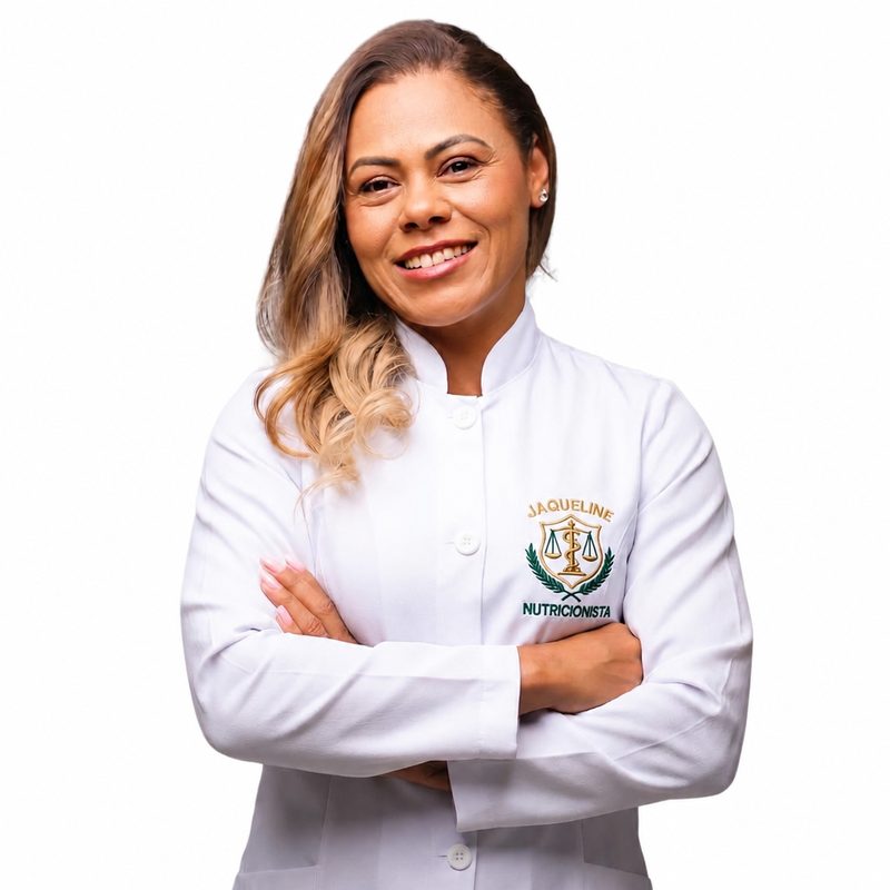 Jaqueline de Oliveira Bueno de jaleco, braços cruzados